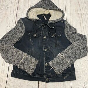 Free People Hooded Denim Knit Jacket in Dark Blue/Black with Gray Medium